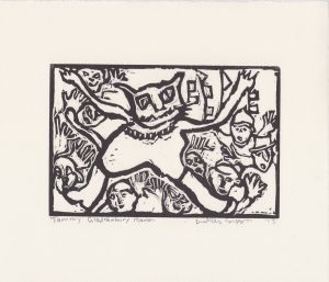a dudley sutton lino cut at the opening of we recorded young josh trying to sell his art